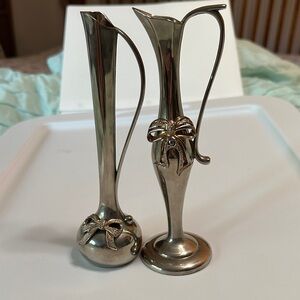 Elegant Vintage Silver Bud Vase Set with Golden Bow Accents